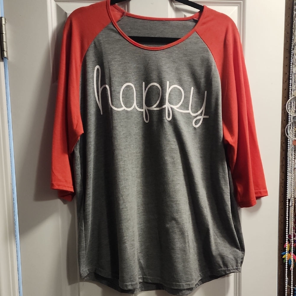 Gray and Red 'Happy' Raglan Shirt